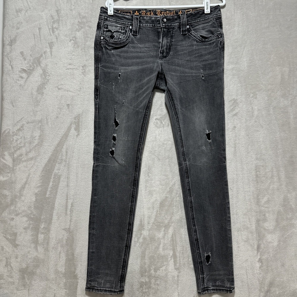 Rock Revival Jeans Celinda Skinny Women's 30‎ Black Distressed Destroyed Pockets
